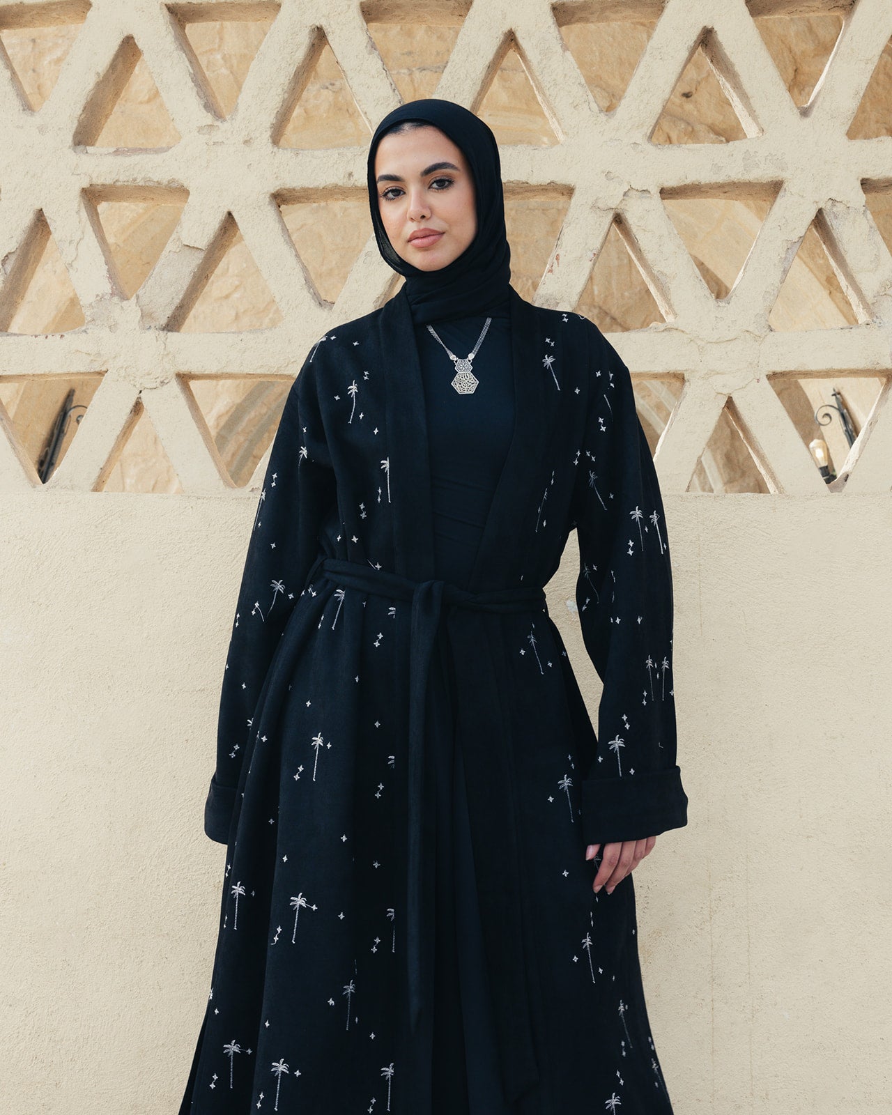 The Palm Embroidered Kaftan Black x Creme