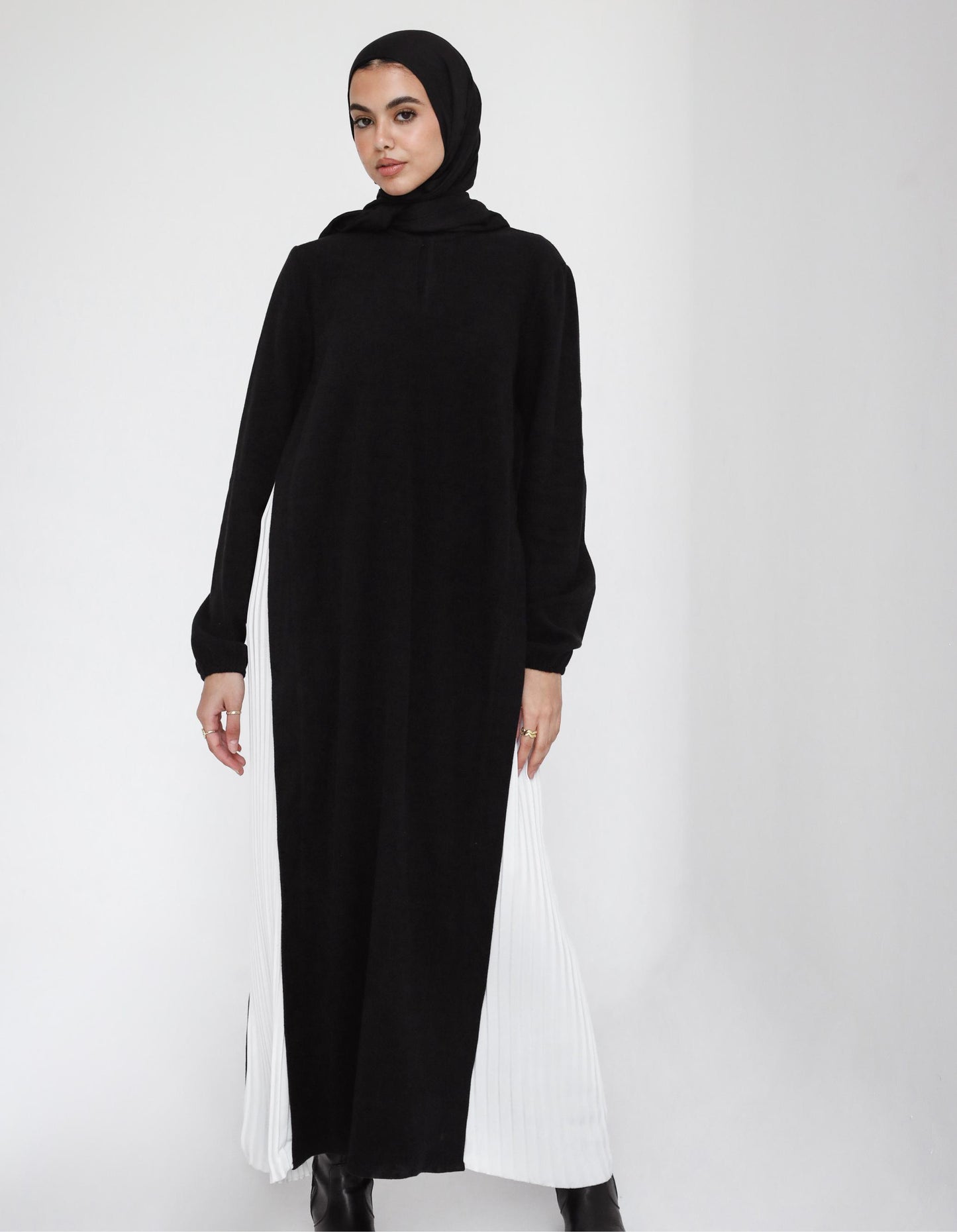 Pleated Tunic Maxi Wool Dress In Black