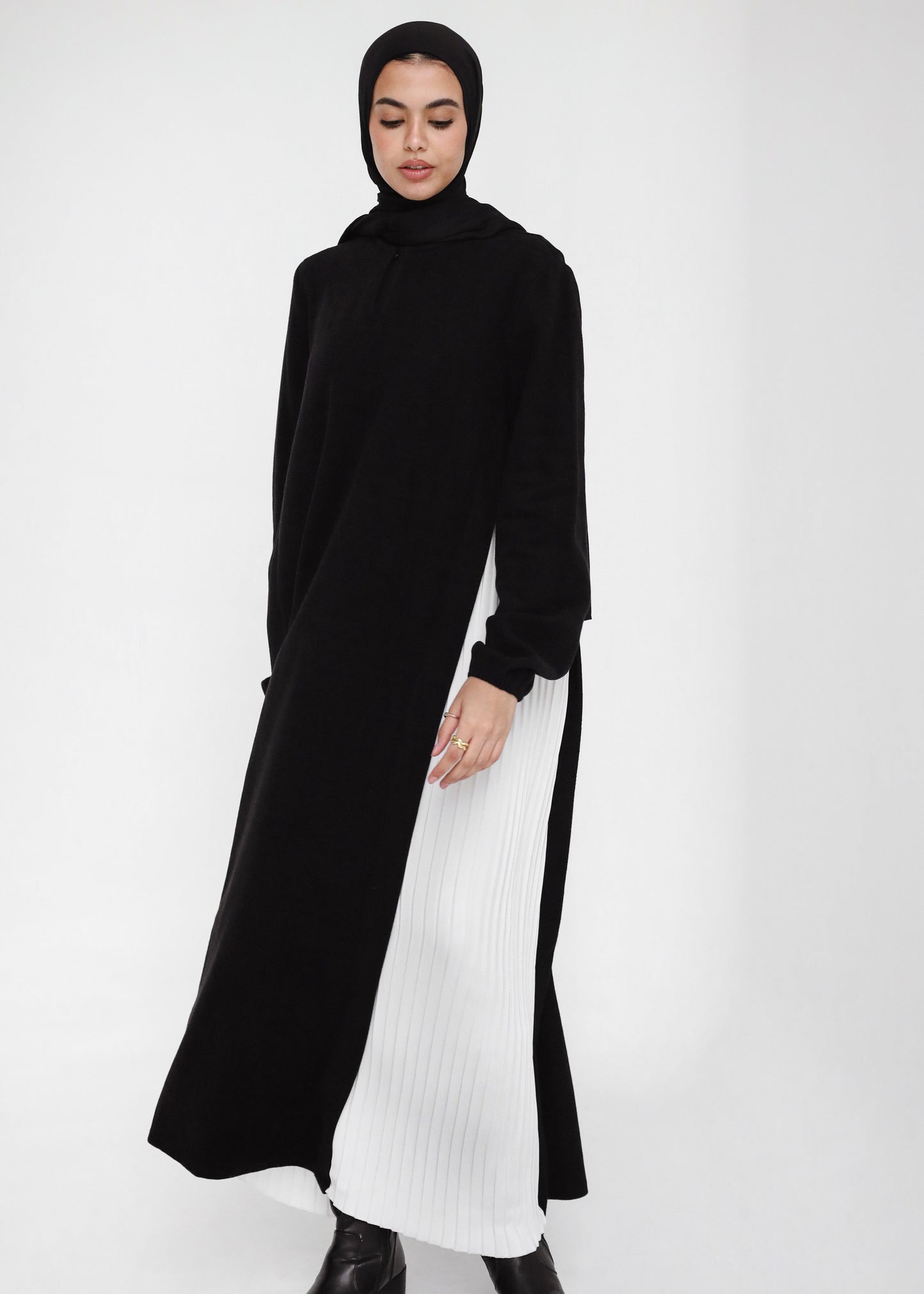 Pleated Tunic Maxi Wool Dress In Black