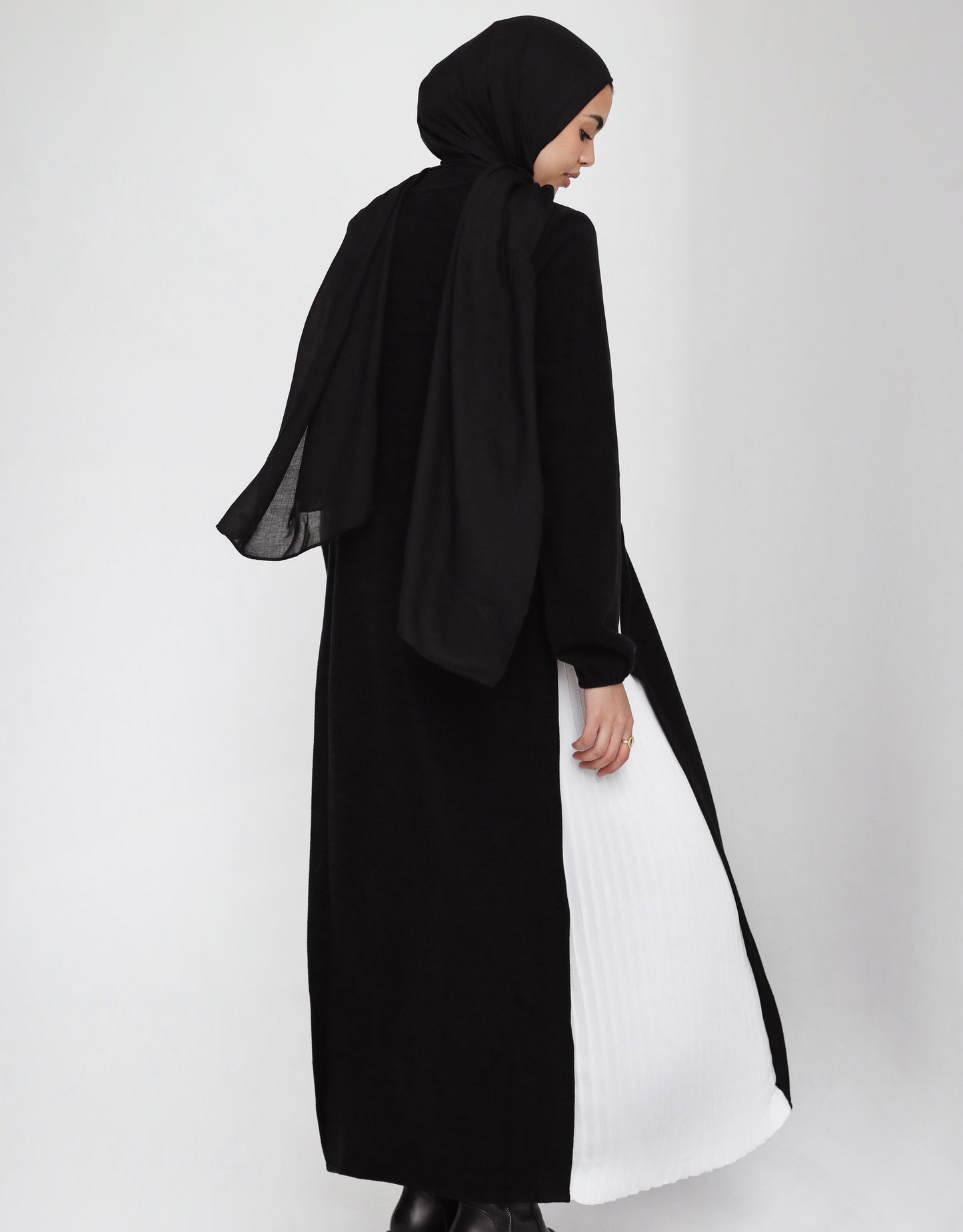 Pleated Tunic Maxi Wool Dress In Black