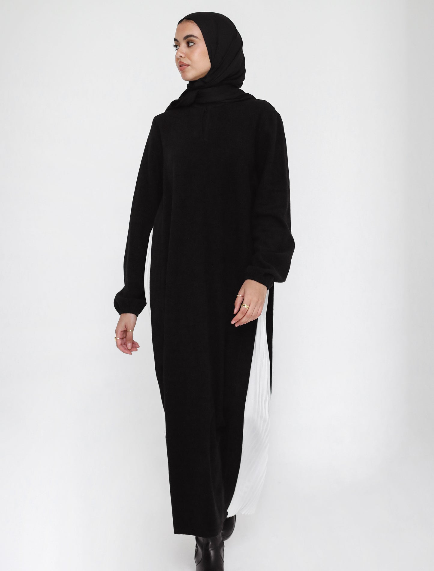 Pleated Tunic Maxi Wool Dress In Black