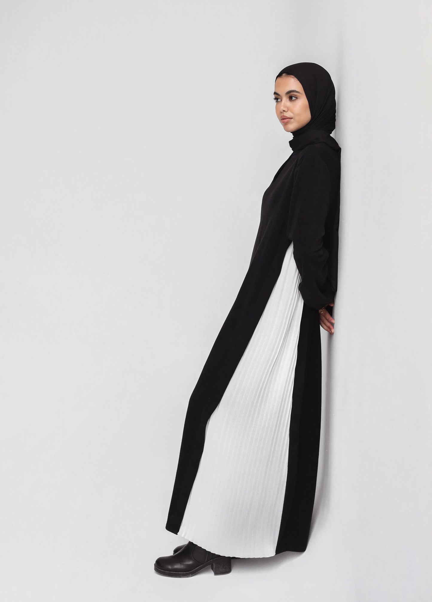 Pleated Tunic Maxi Wool Dress In Black