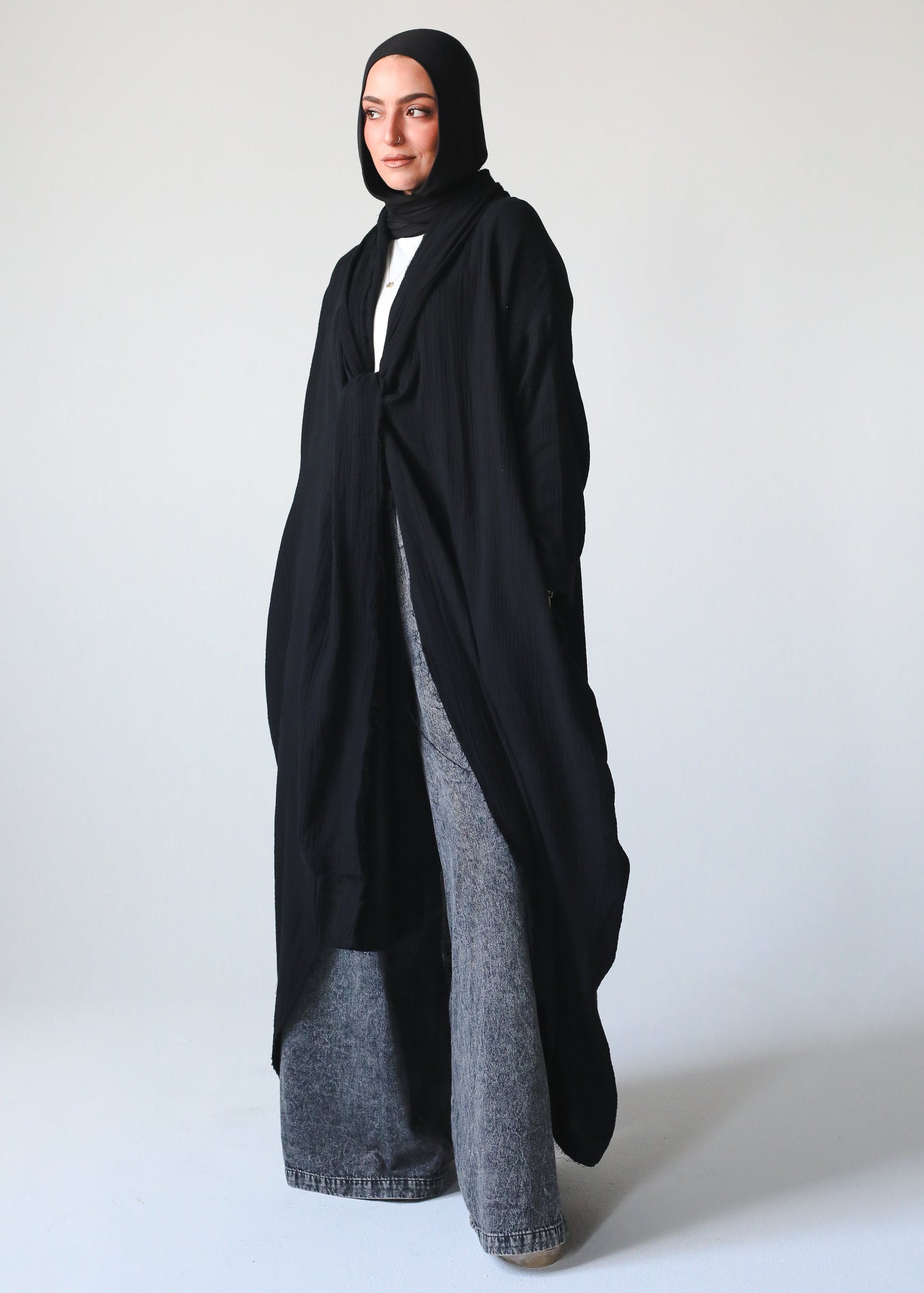 The Breezy Flow Muslin Cardigan in Black