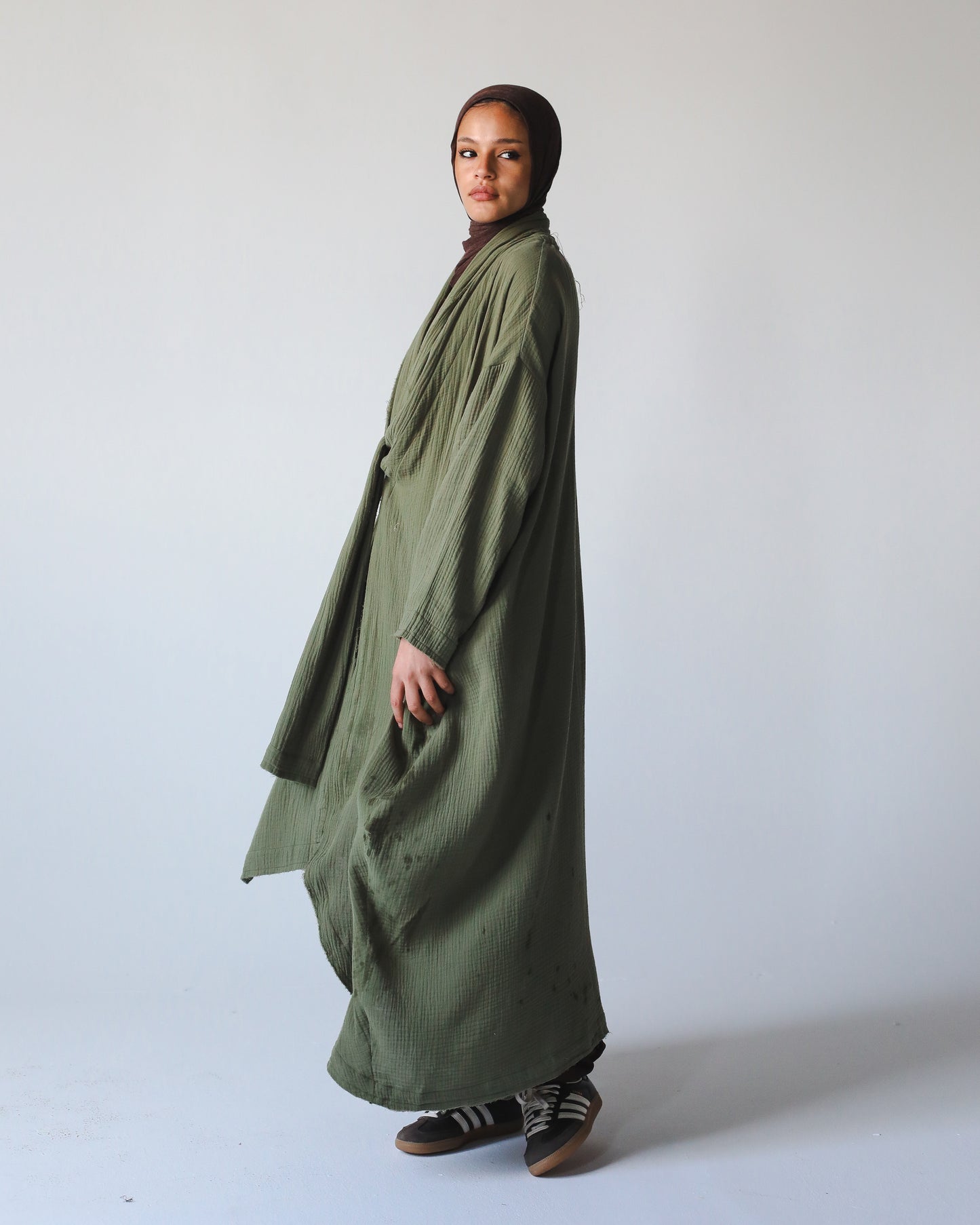 The Breezy Flow Muslin Cardigan In Olive