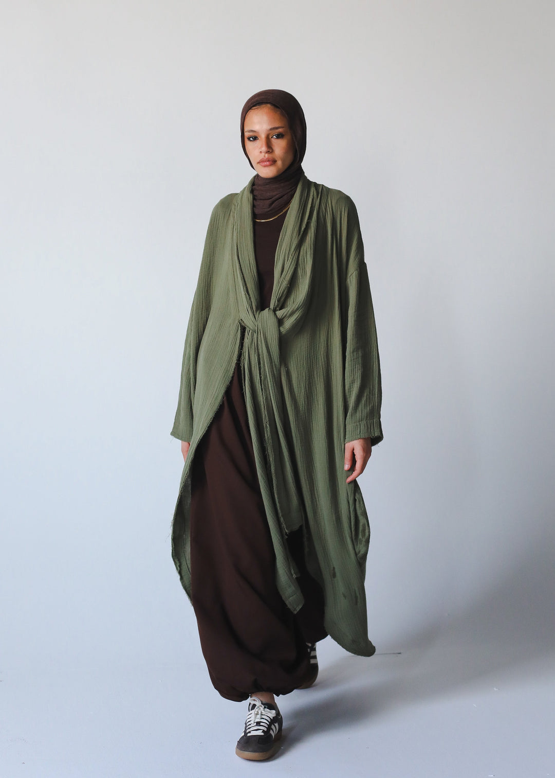 The Breezy Flow Muslin Cardigan In Olive