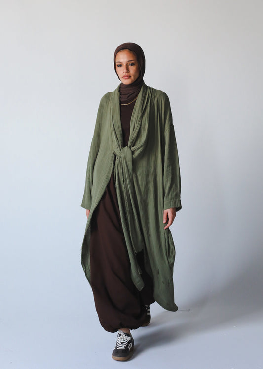 The Breezy Flow Muslin Cardigan In Olive