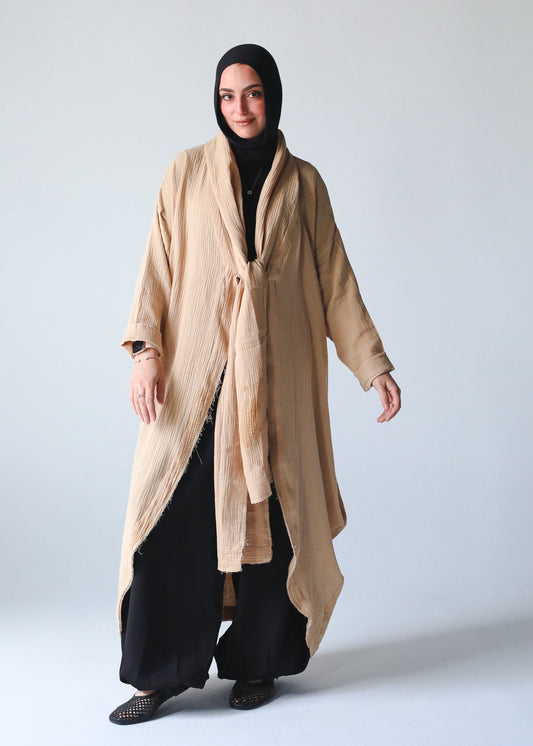 The Breezy Flow Muslin Cardigan in Beige