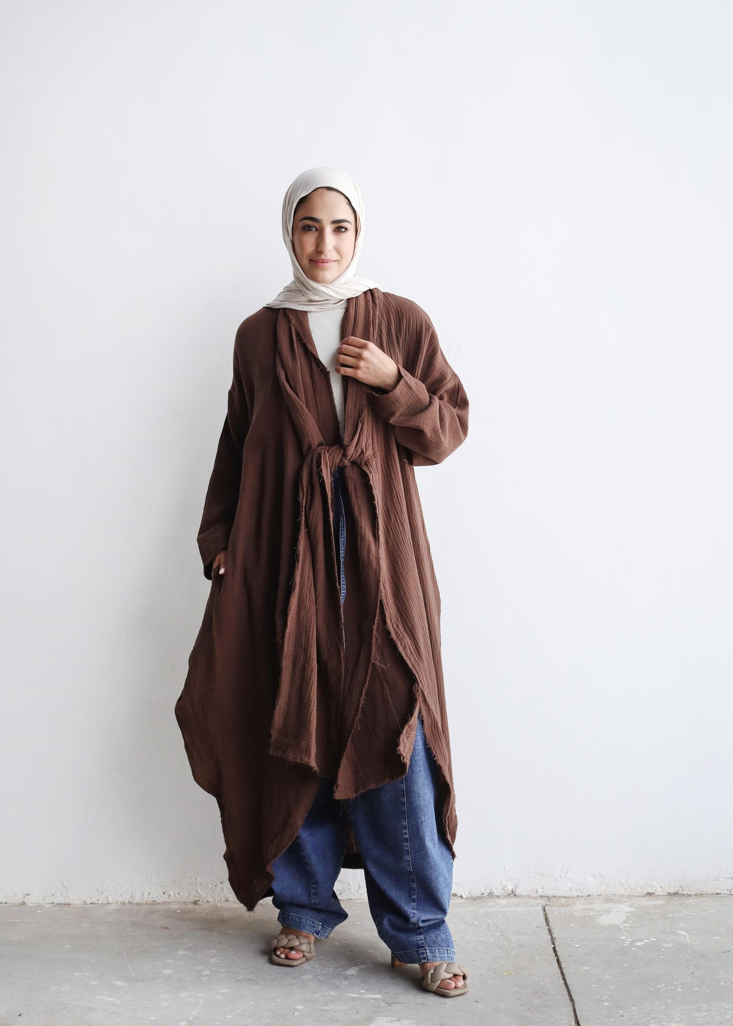 The Breezy Flow Muslin Cardigan in Brown