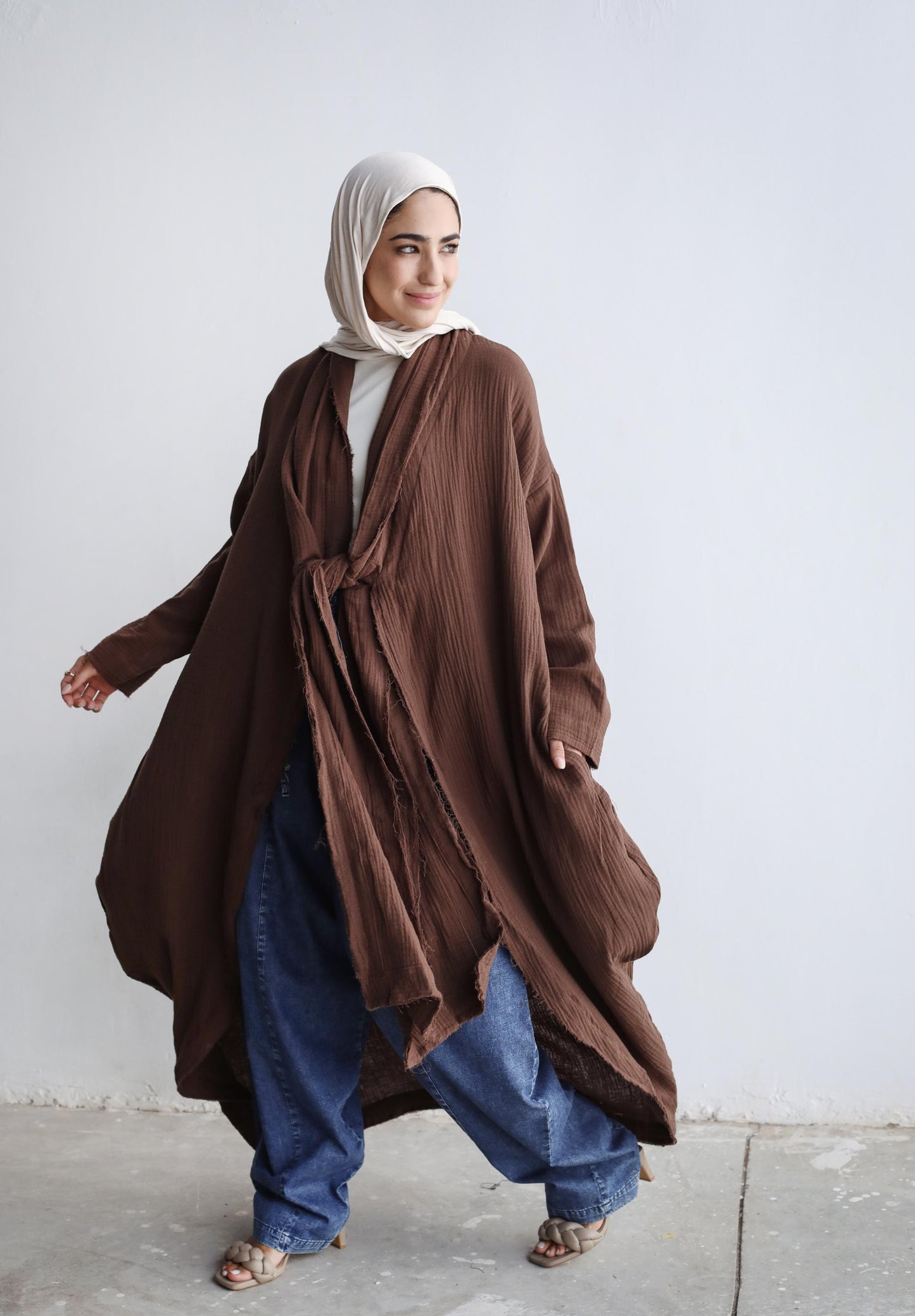 The Breezy Flow Muslin Cardigan in Brown