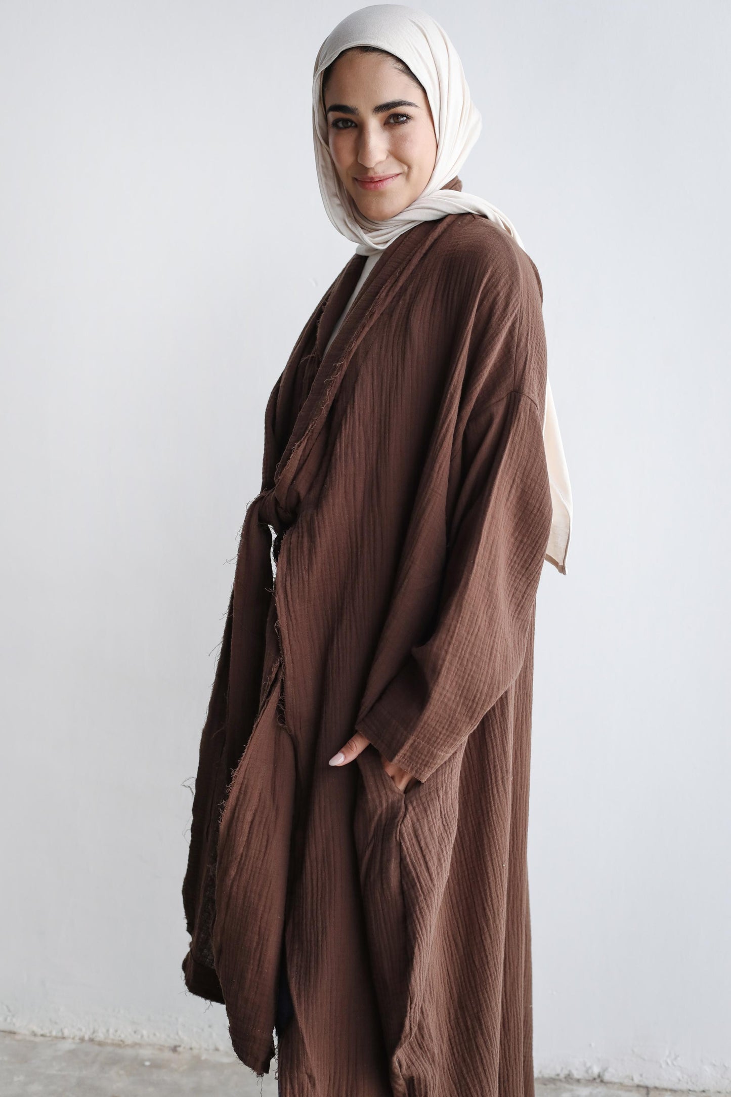 The Breezy Flow Muslin Cardigan in Brown