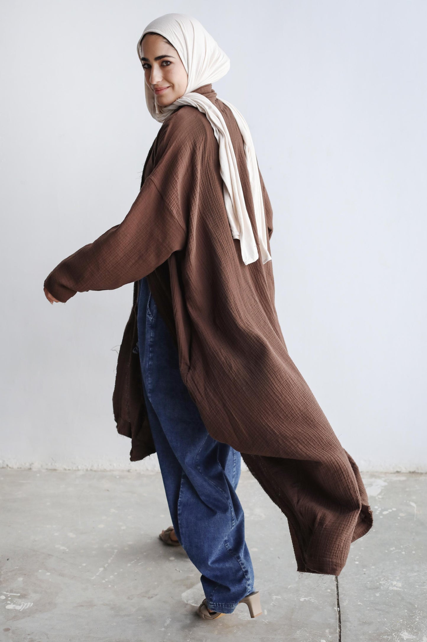 The Breezy Flow Muslin Cardigan in Brown