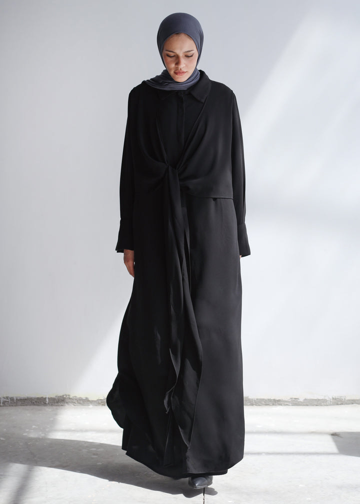 Knot Crep Shirt Abaya In Black