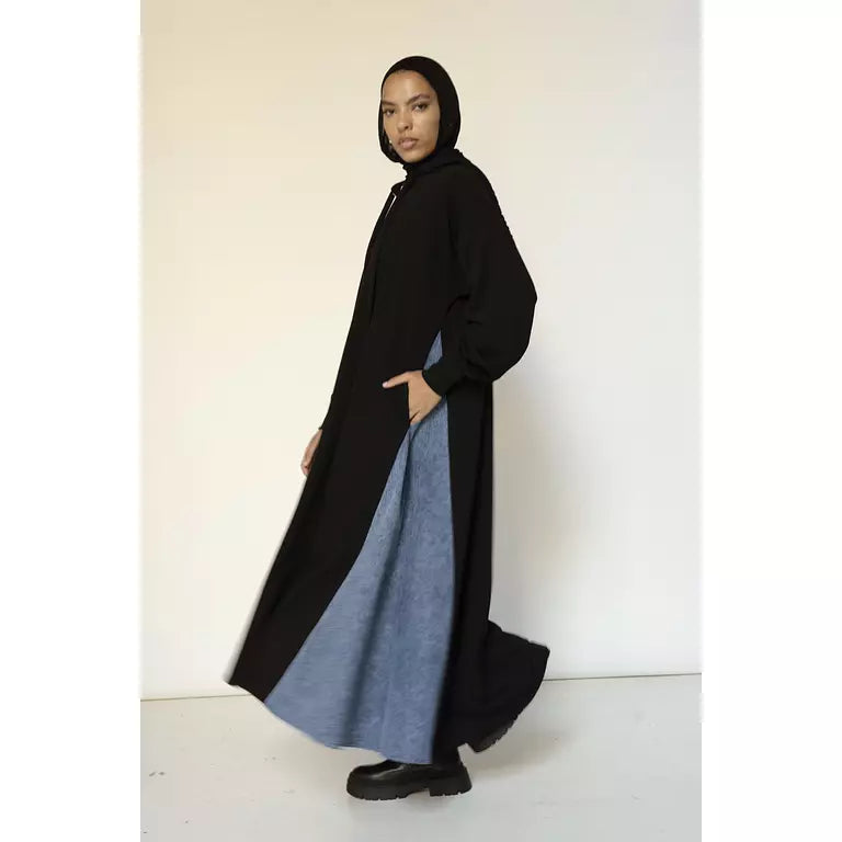 Denim-sided Hoodie Dress in Black