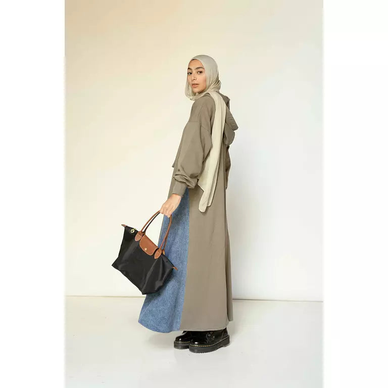 Denim-sided Hoodie Dress in Olive