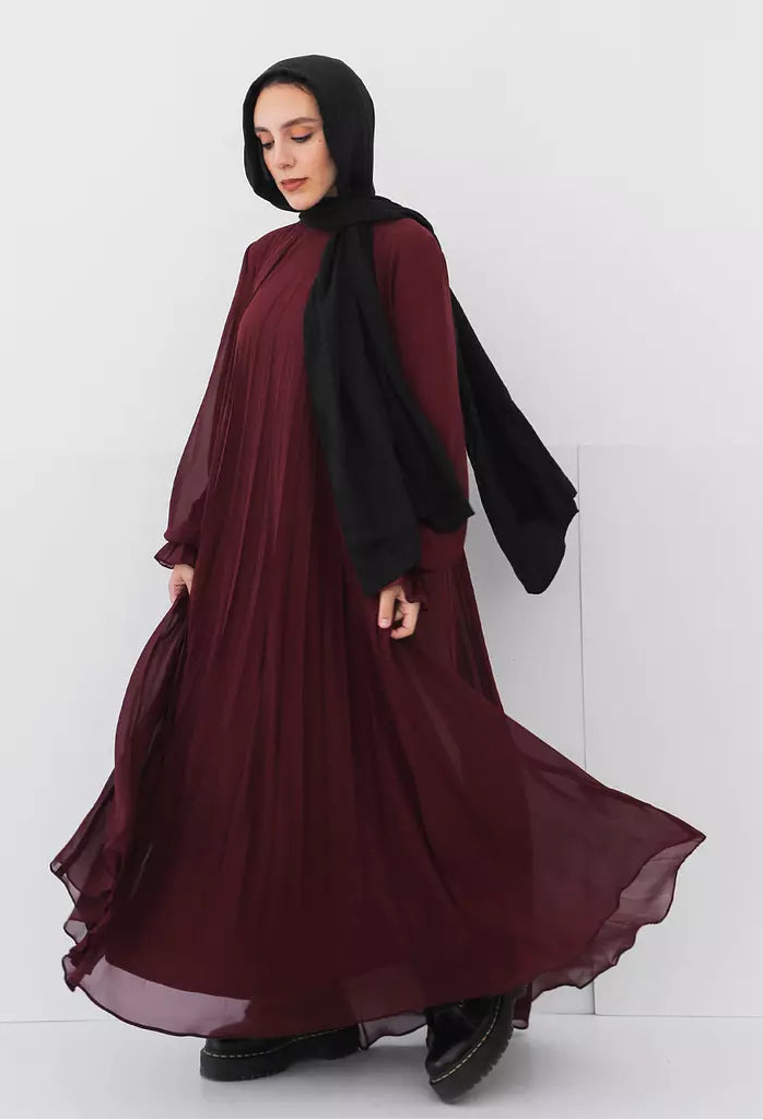 Burgundy Cloach Pleated Dress