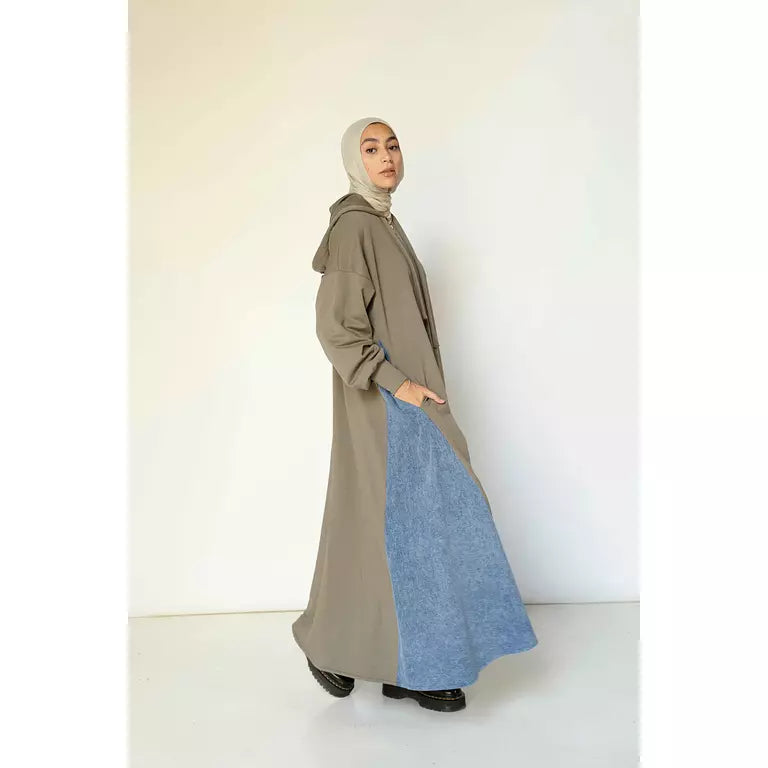 Denim-sided Hoodie Dress in Olive