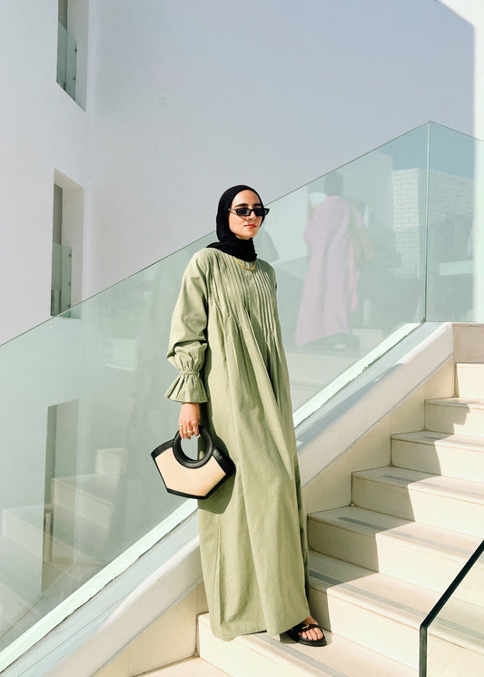Linen Pleated Dress In Olive