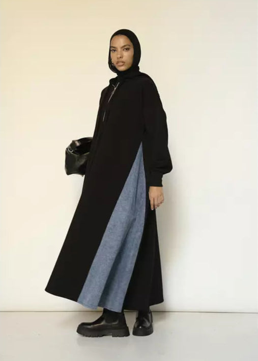 Denim-sided Hoodie Dress in Black
