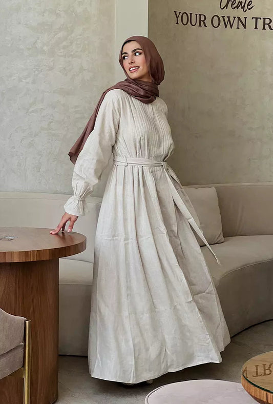 Beige Linen Pleated Dress