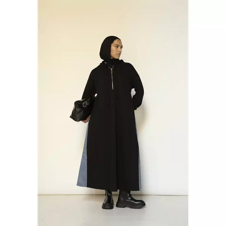 Denim-sided Hoodie Dress in Black