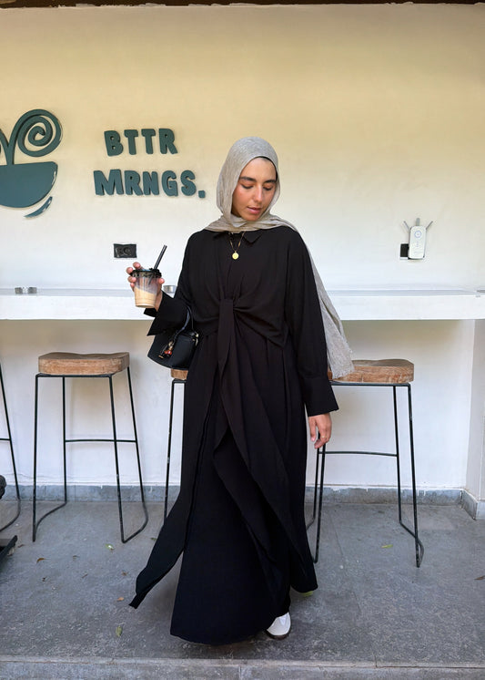 Knot Crep Shirt Abaya In Black