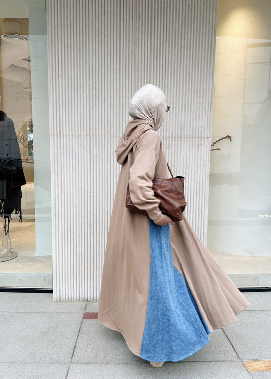 Denim-sided Hoodie Dress in Warm Beige