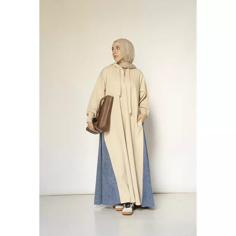 Denim-sided Hoodie Dress in Beige
