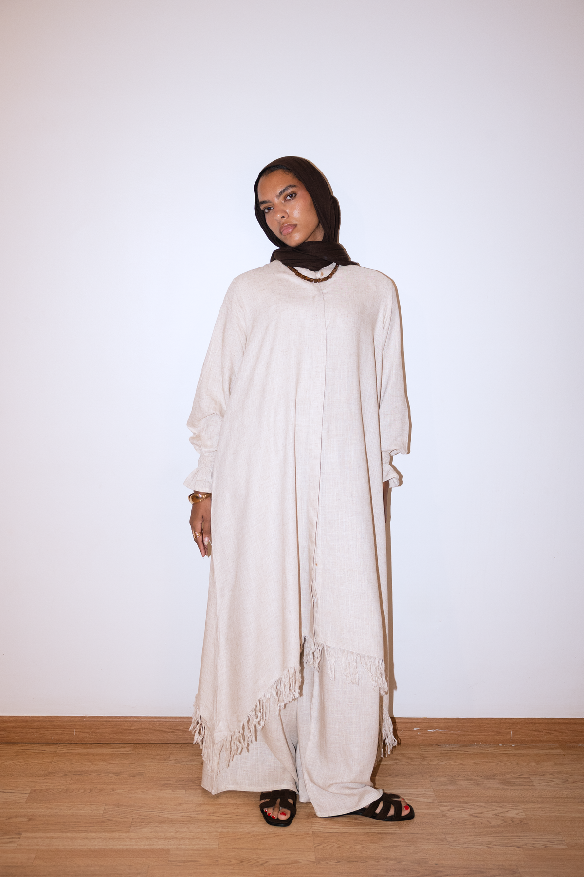 Asymmetric Linen Set In Beige