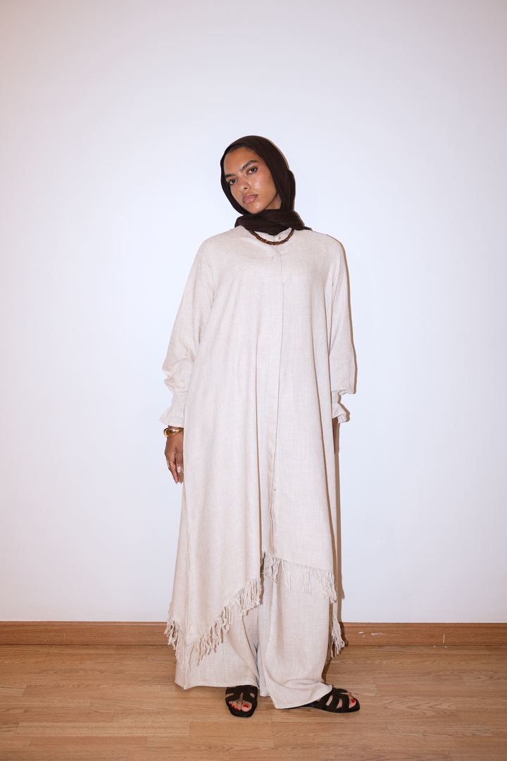 Asymmetric Linen Set In Beige