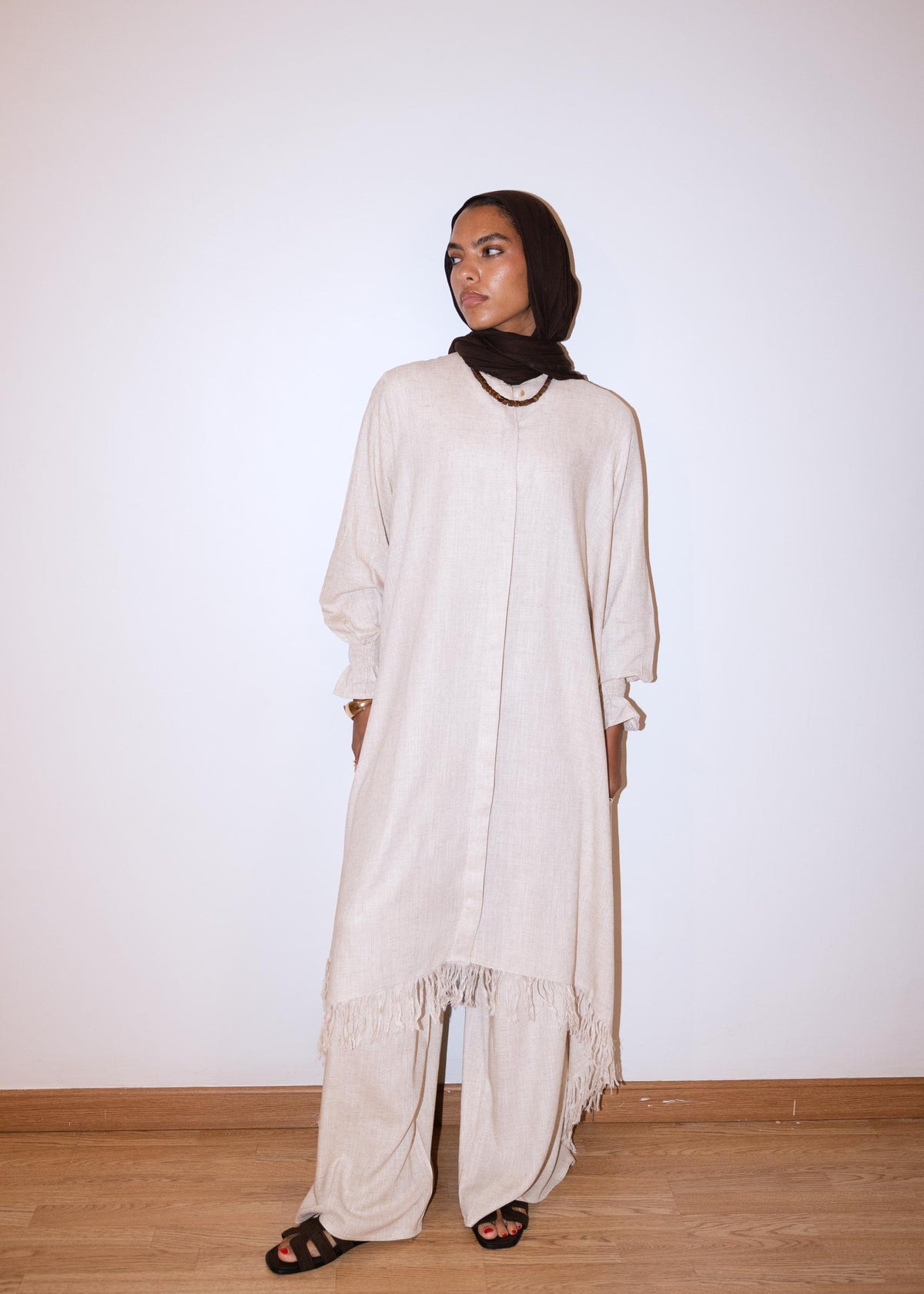 Asymmetric Linen Set In Beige
