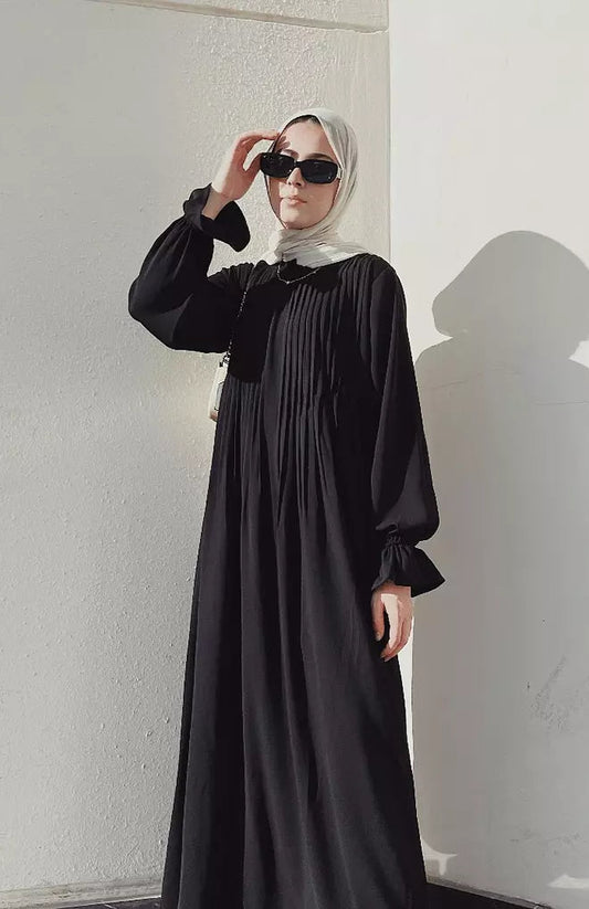 Black Front Pleated Abaya Dress