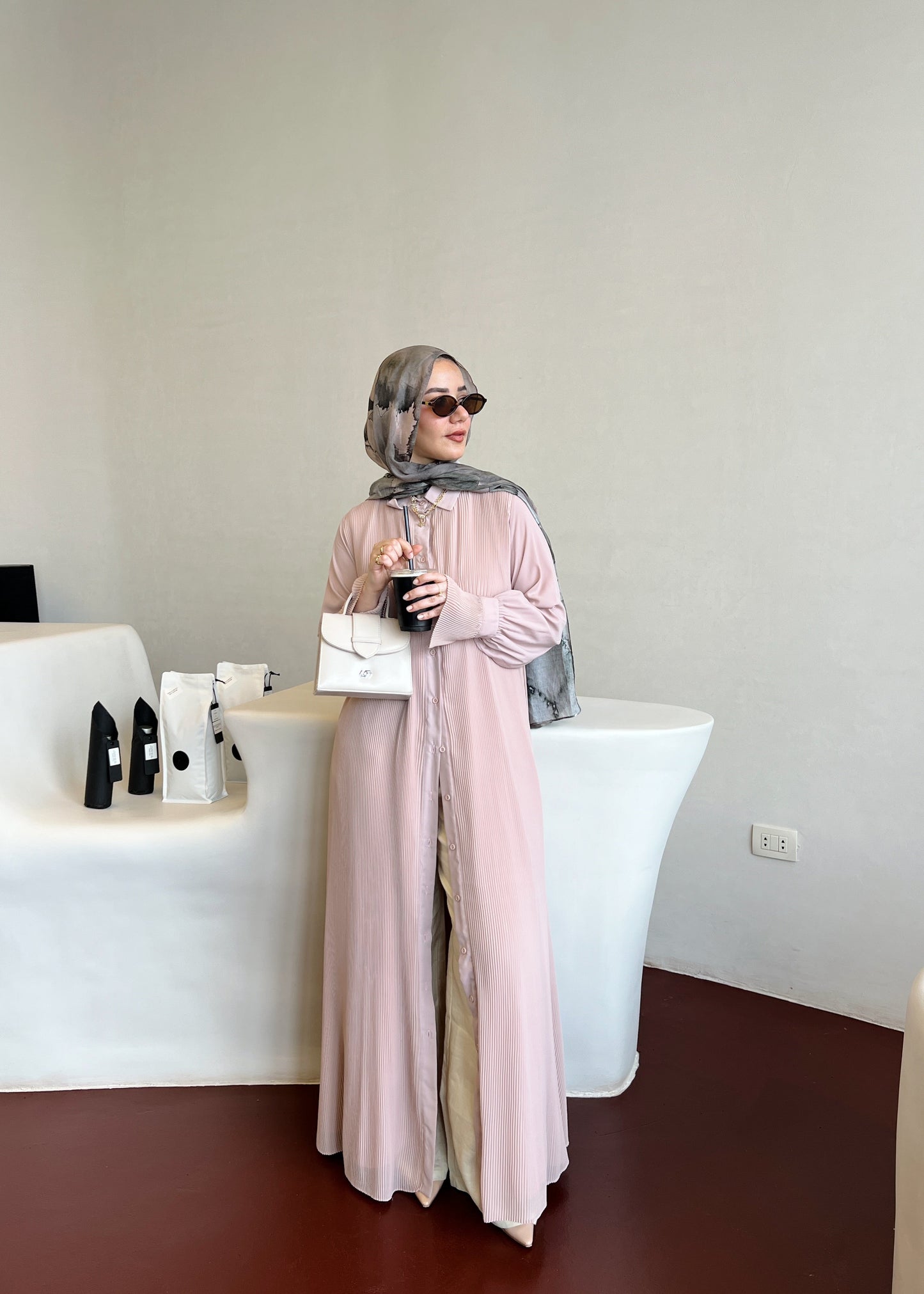 Timeless Pleated Shirt Dress in nude pink
