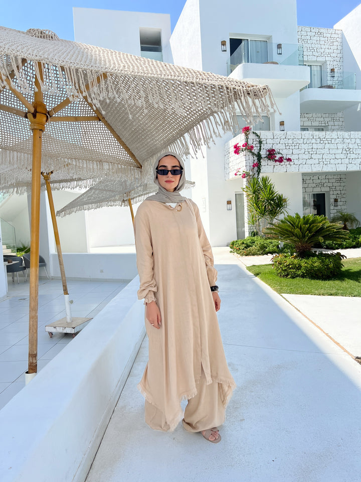 Asymmetric Linen Set In Beige