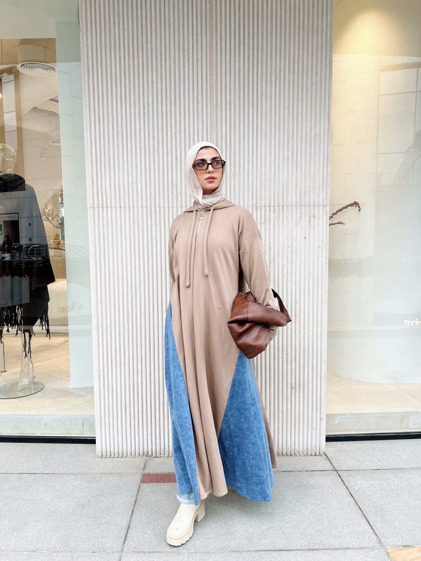 Denim-sided Hoodie Dress in Warm Beige