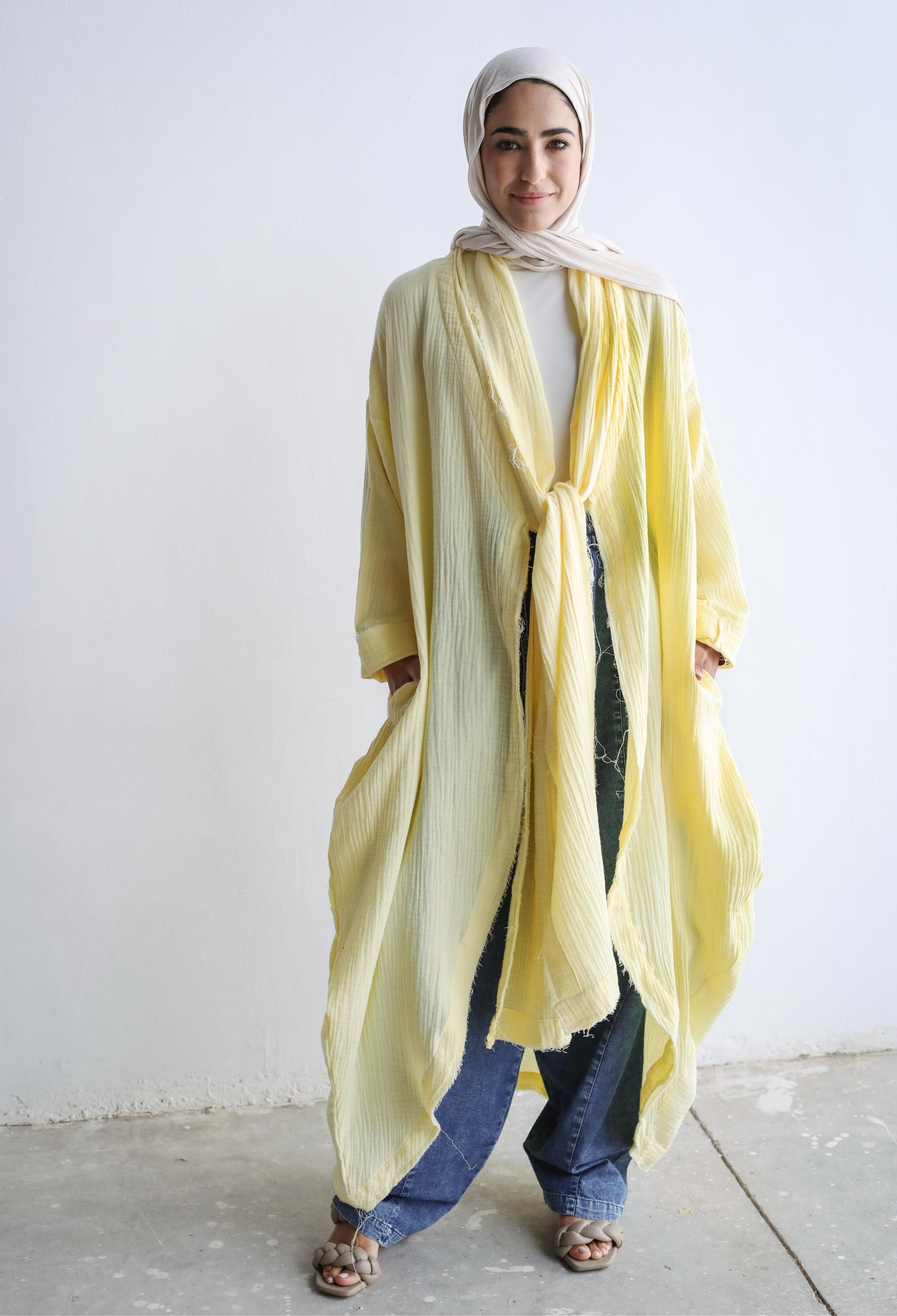 The Breezy Flow Muslin Cardigan in Butter Yellow