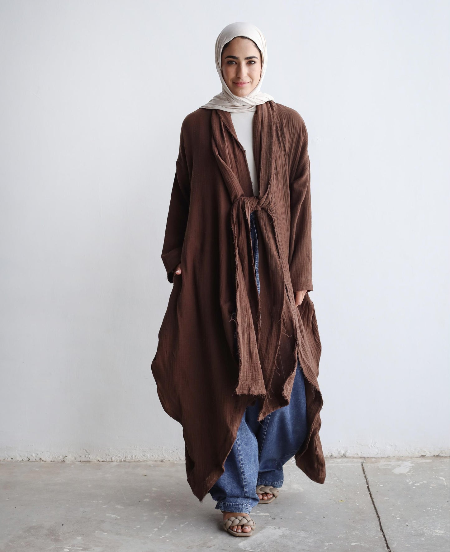 The Breezy Flow Muslin Cardigan in Brown