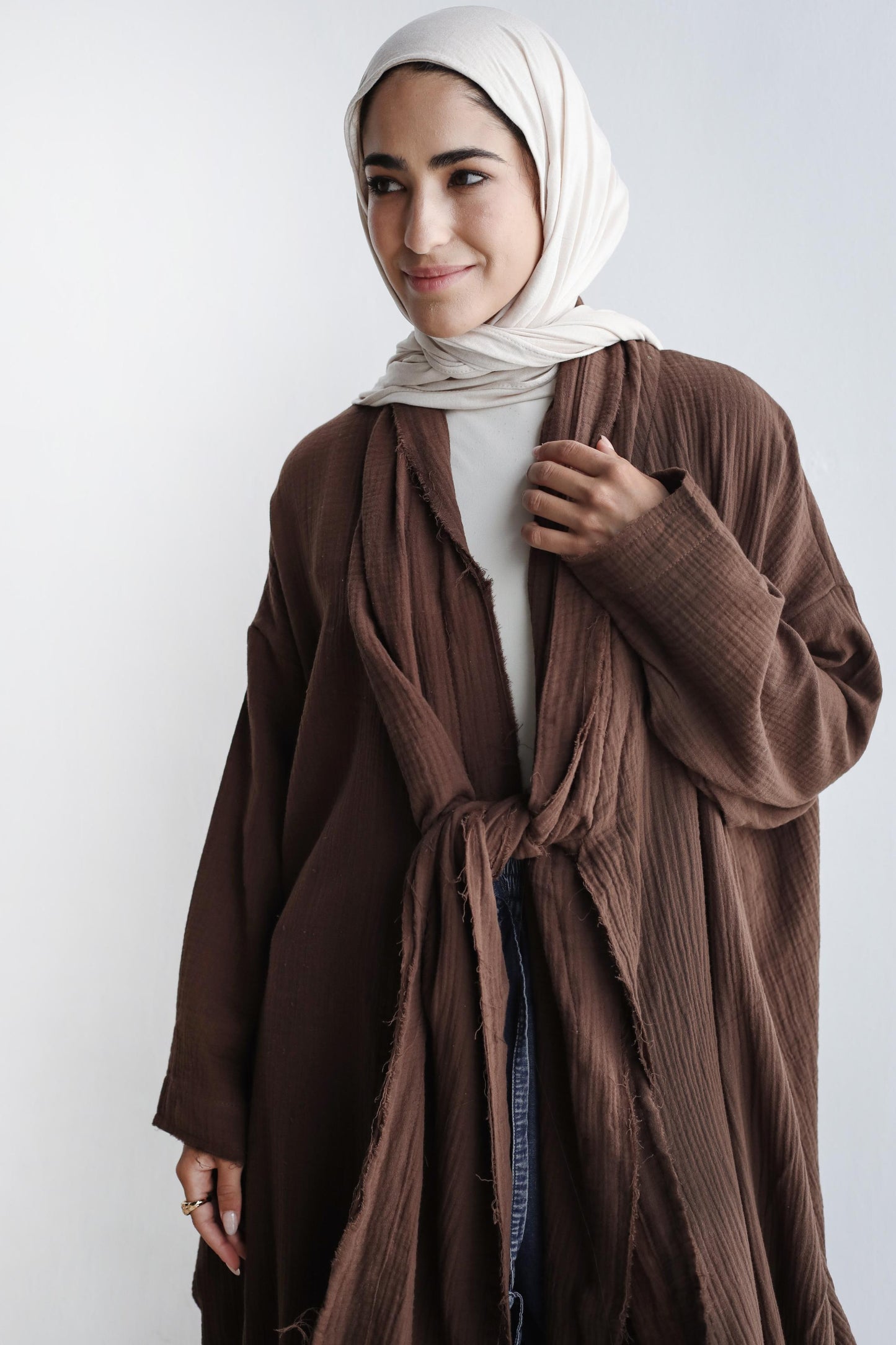 The Breezy Flow Muslin Cardigan in Brown