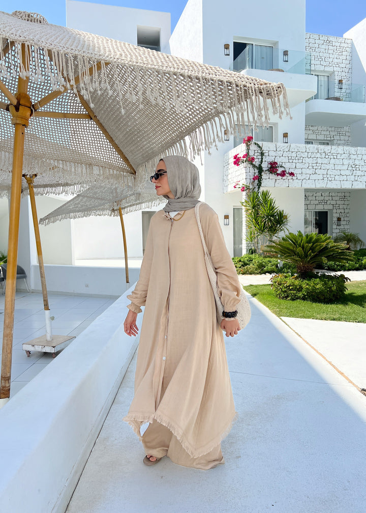 Asymmetric Linen Set In Beige