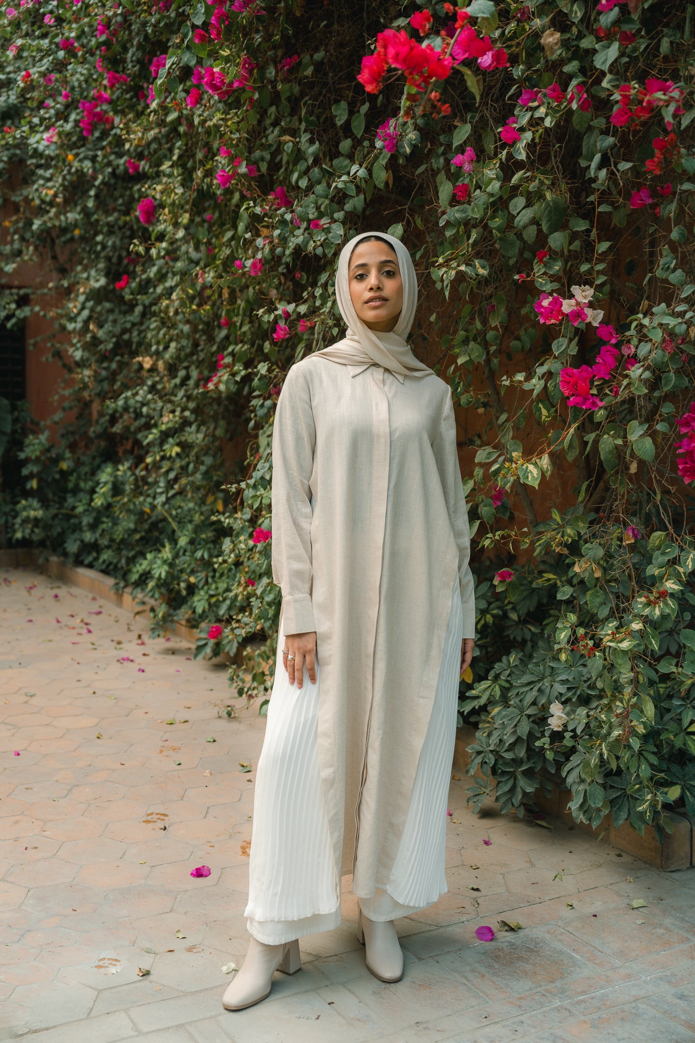 Side-pleated Shirt Dress in Beige