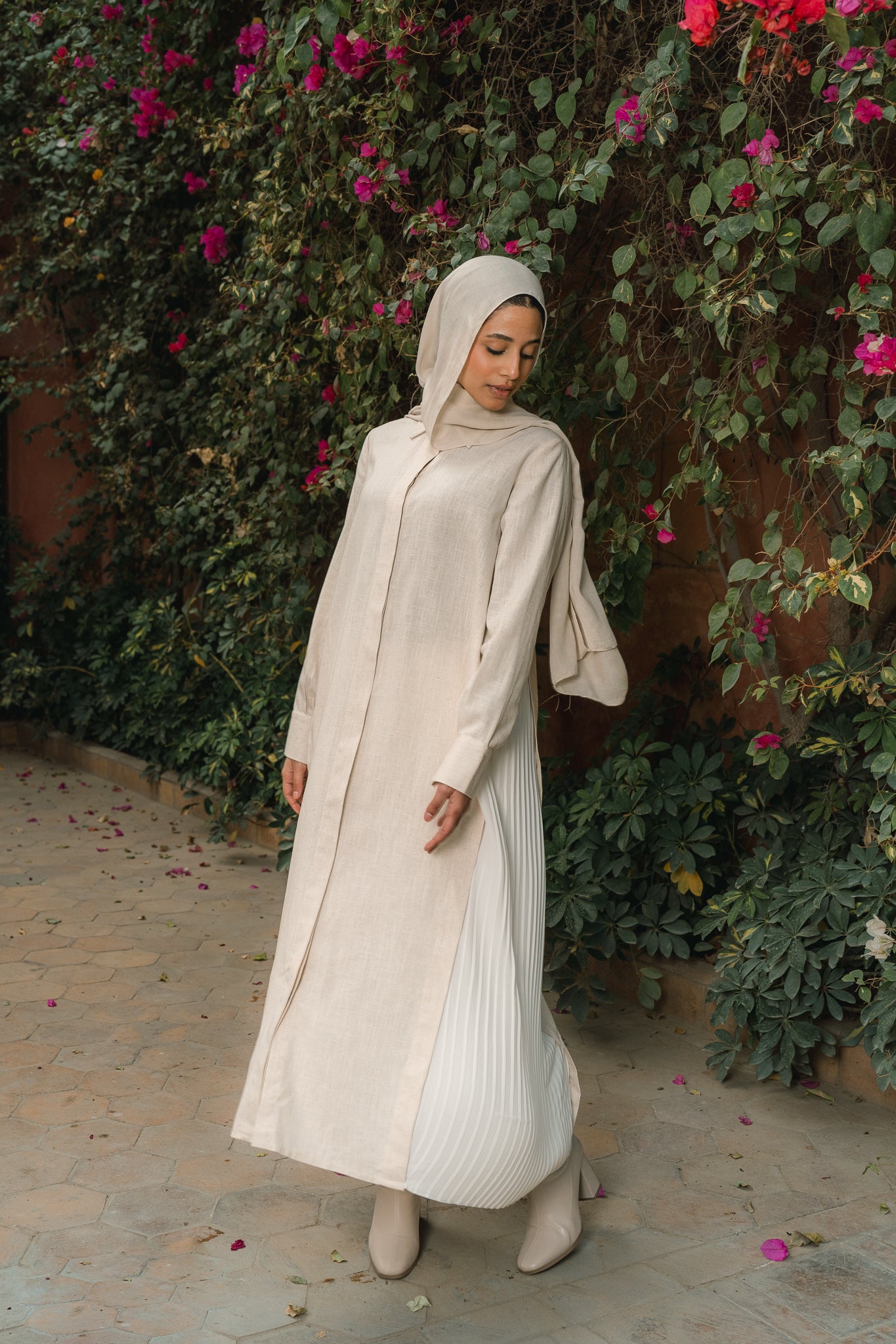 Side-pleated Shirt Dress in Beige
