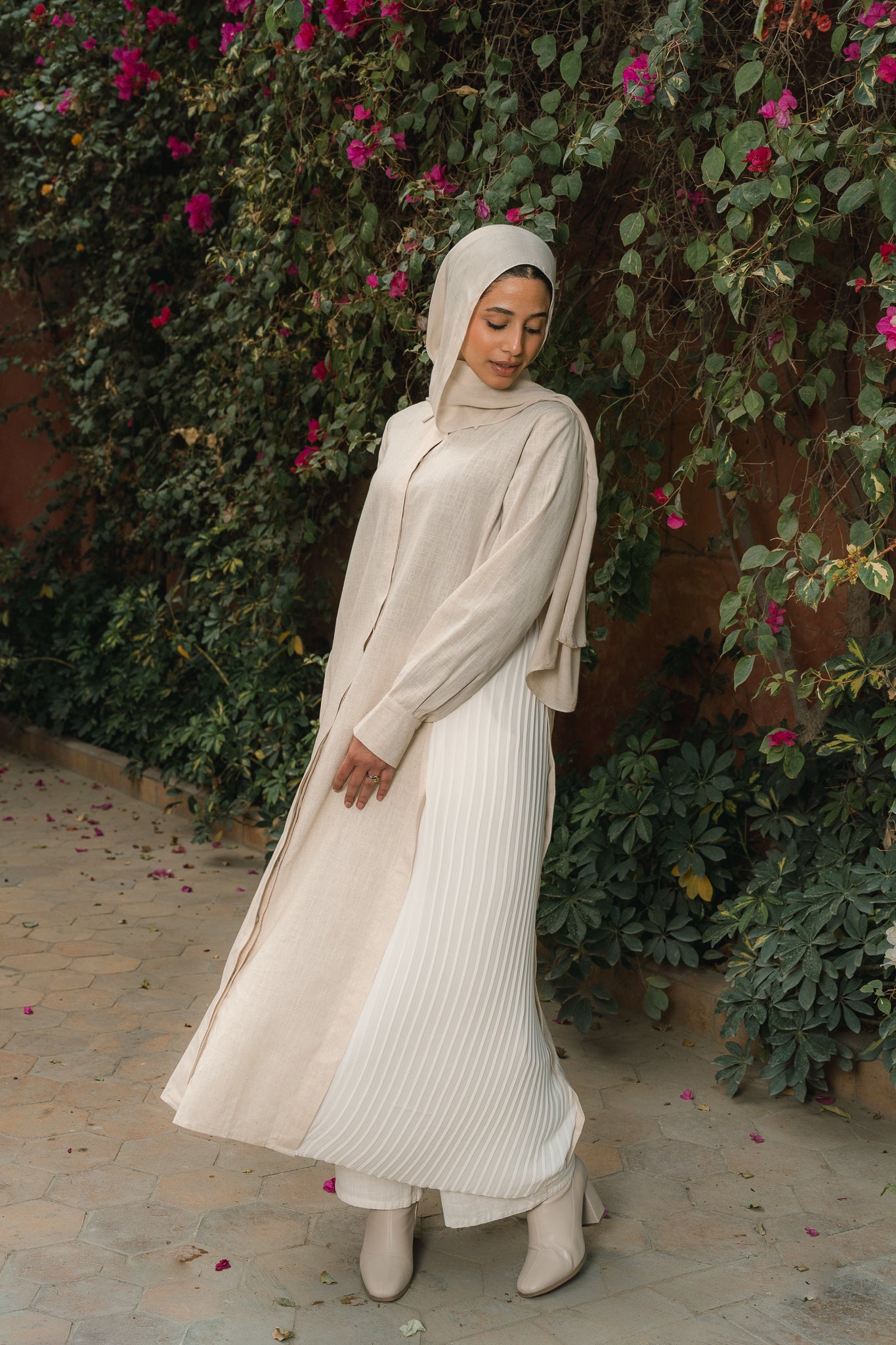 Side-pleated Shirt Dress in Beige
