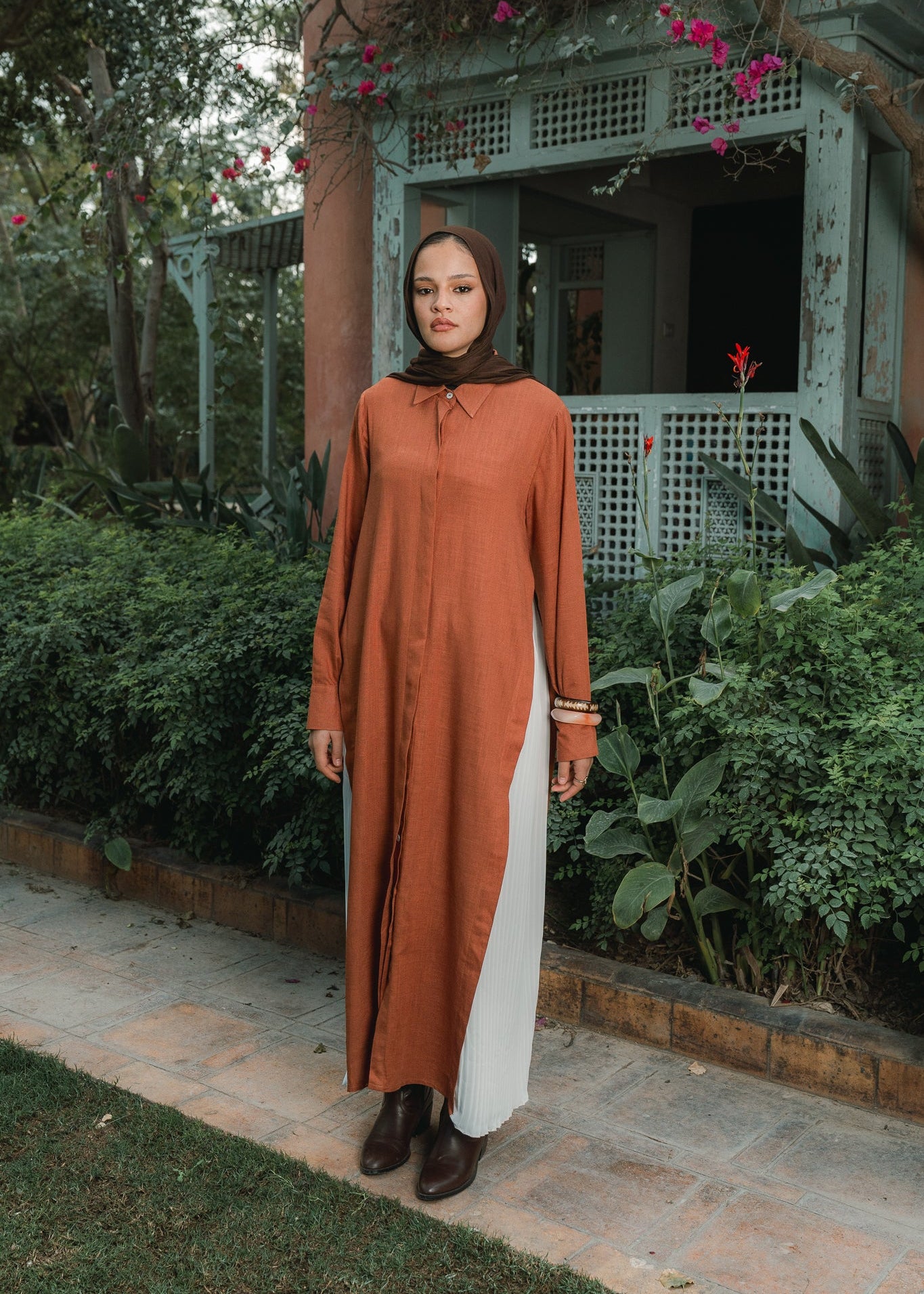Side-pleated Shirt Dress in Rust Orange