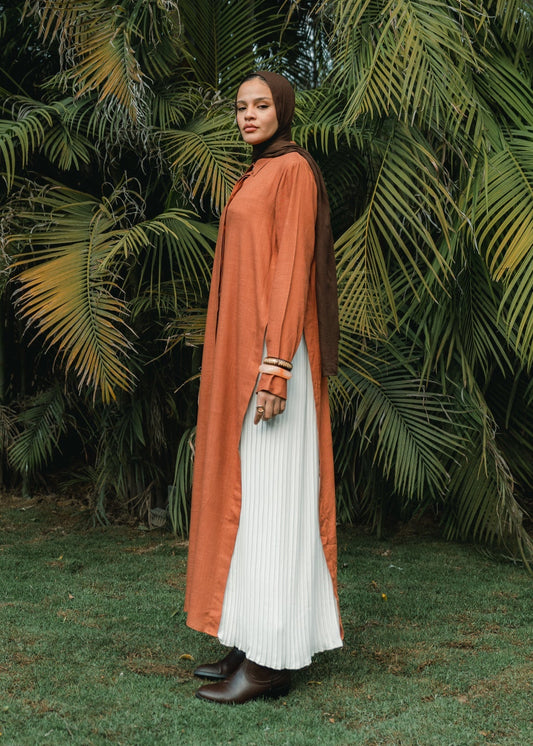 Side-pleated Shirt Dress in Rust Orange