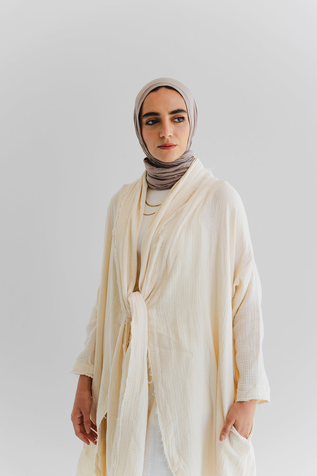 The Breezy Flow Muslin Cardigan in Butter cream
