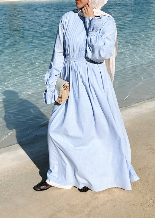 Linen Pleated Dress In Sky Blue