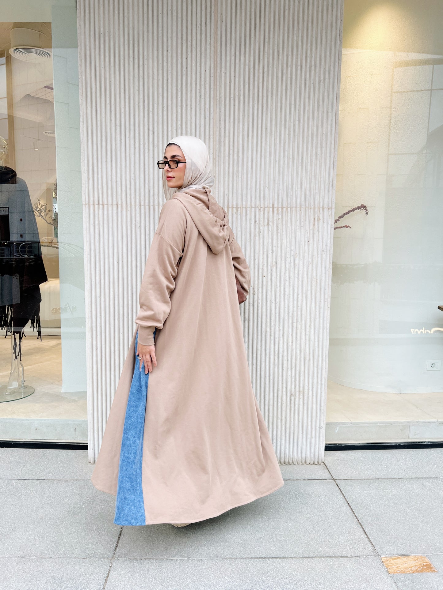 Denim-sided Hoodie Dress in Warm Beige