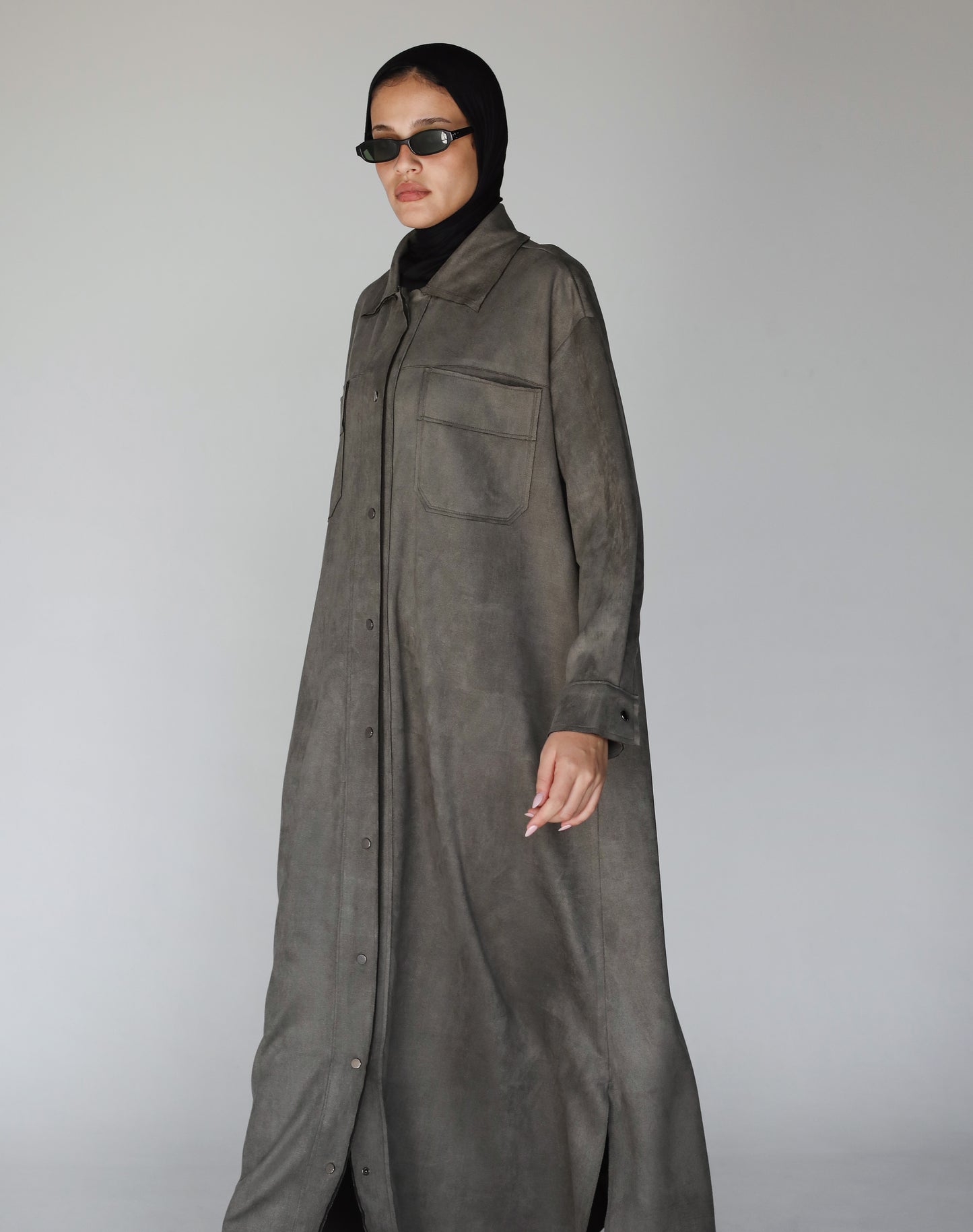 The Suede Longline Shirt In Olive