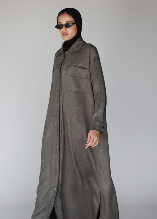 The Suede Longline Shirt In Olive