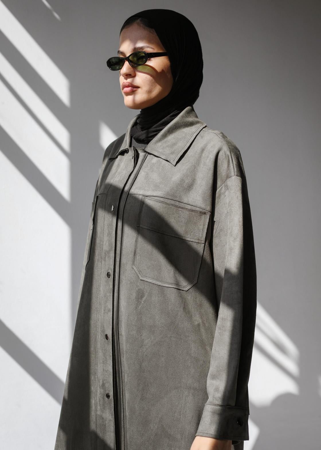 The Suede Longline Shirt In Olive