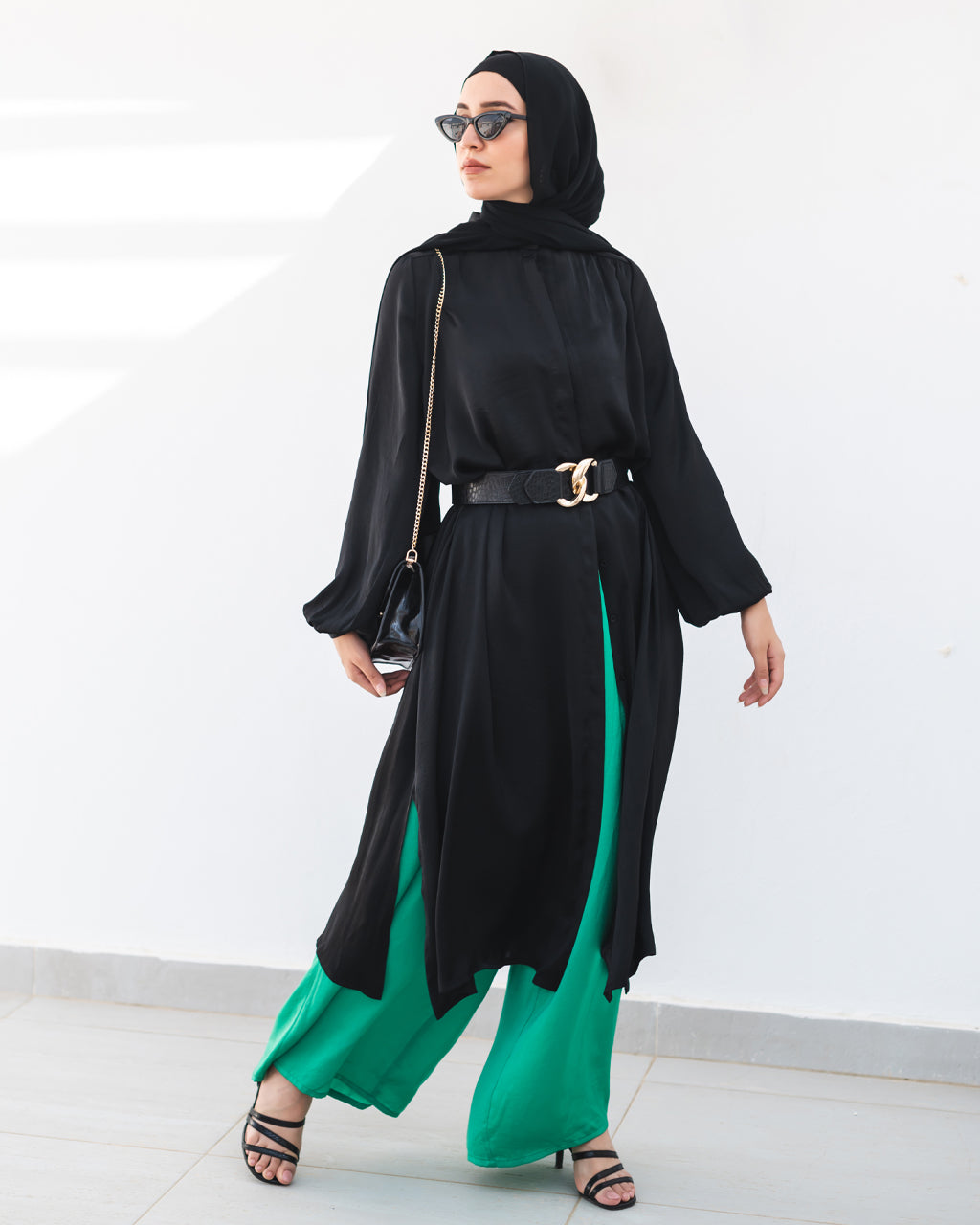 Satin Midi Shirt Dress In Black